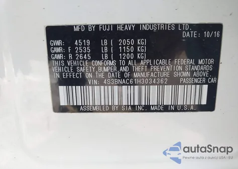 2017 Subaru Legacy 2.5I Premium из США, поврежденный, VIN 4S3BNAC61H3034362